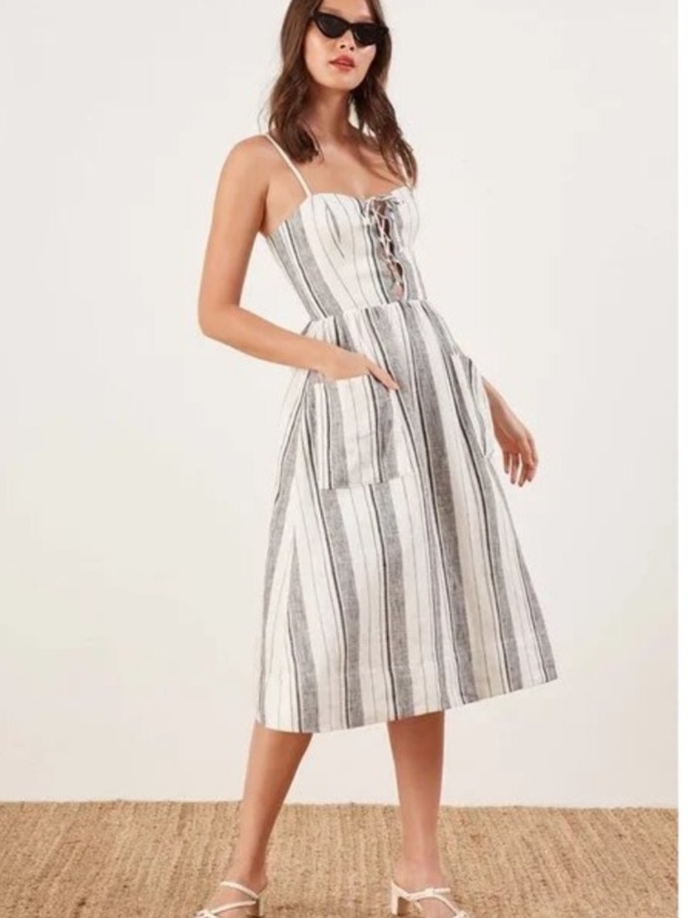 Reformation Striped Lace-Up Midi Dress - White & Gray